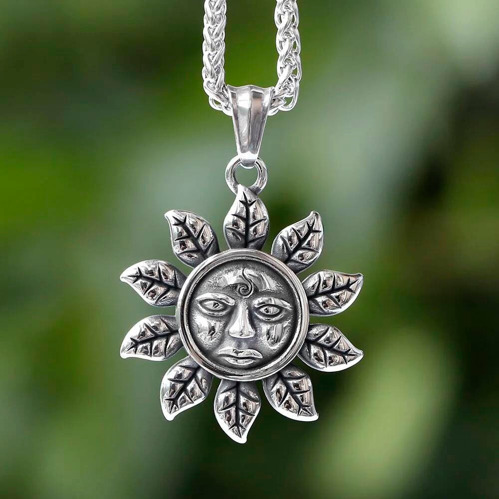 Sun Pendant Necklace – Celestial Sun and Leaves Design Jewelry