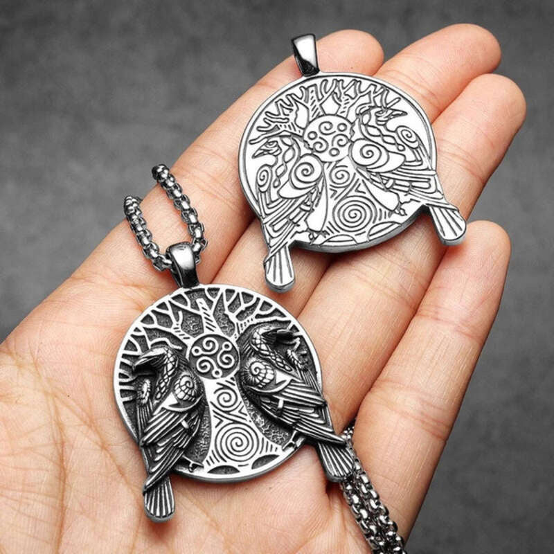 Odin’s Ravens Pendant – Huginn & Muninn Viking Necklace with Yggdrasil & Triskelion