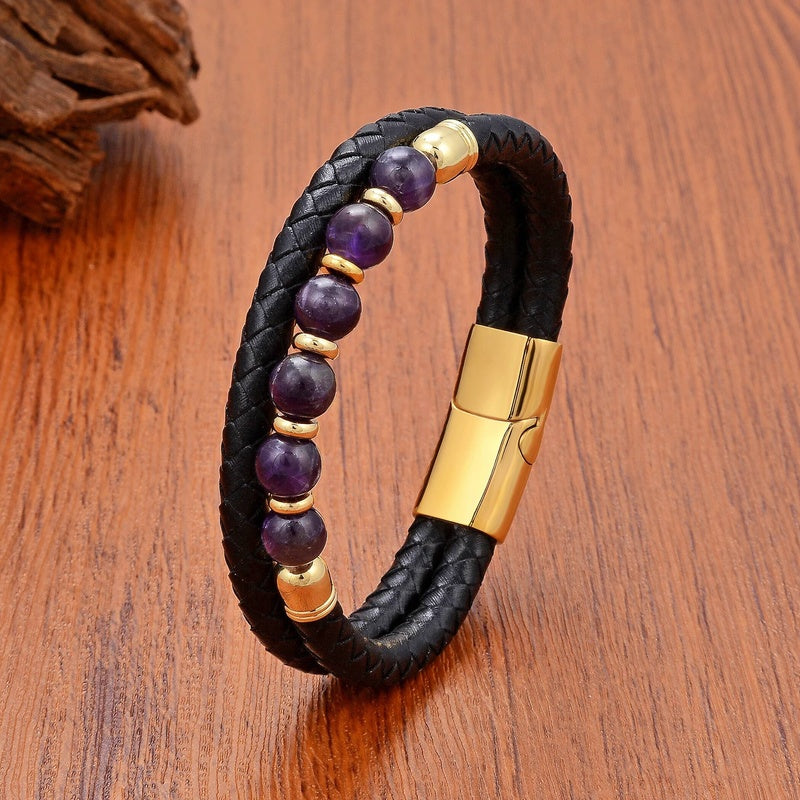 Round Natural Amethysts Stone Beaded Handmade Leather Bracelets for Man Women Trendy Crystal Designer Jewelry Accessories Gold-Amethyst