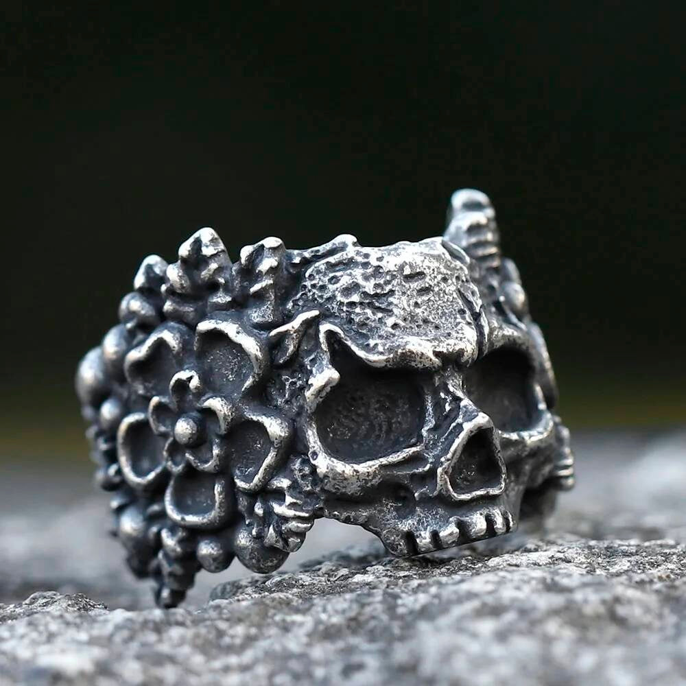 Santa Muerte Mandala Skull Ring - Heavy Stainless Steel Gothic Biker Jewelry