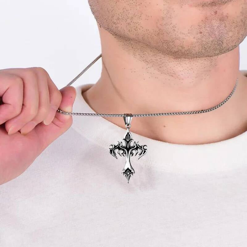 Vintage Flame Cross Pendant 60Cm Length Chain Necklace For Men Women Goth Jewelry Accessories