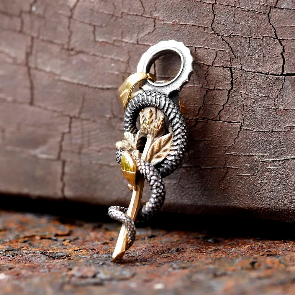 Rose and Serpent Pendant – Gothic Snake Wrapped Flower Necklace in Stainless Steel