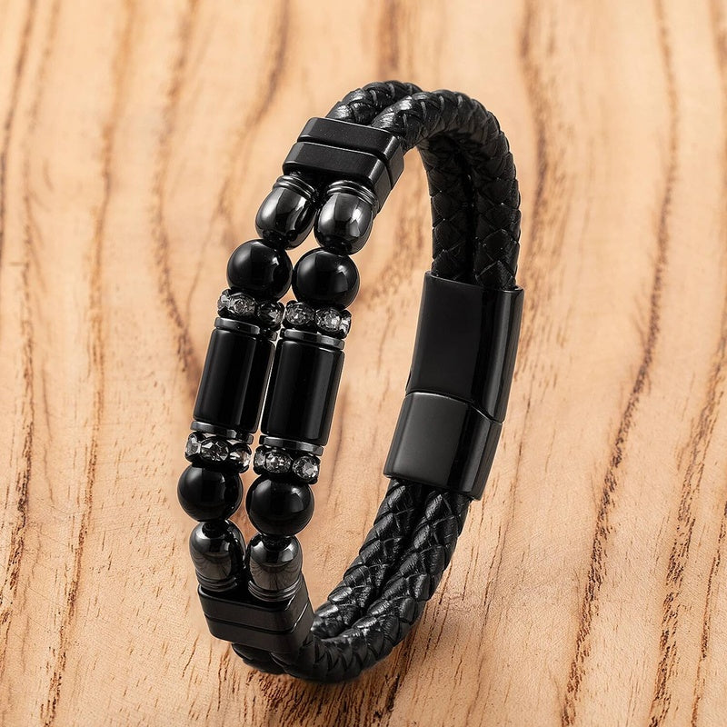 Black Braided Leather Bracelet with Green Jade Beads - Stylish Multi-Layer Magnetic Clasp Jewelry for Casual Wear and Gifts Agate-C