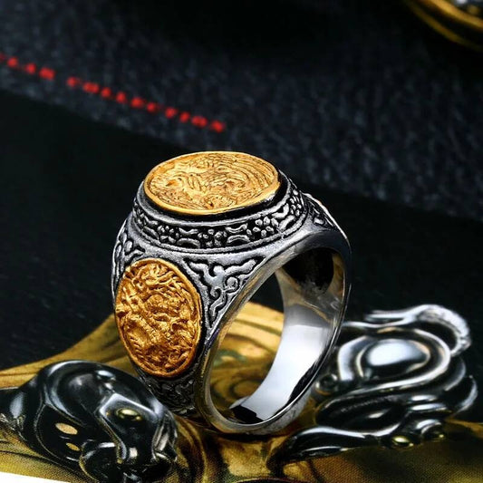 Gold Medallion Signet Ring – Stainless Steel Vintage Royal Gothic Jewelry