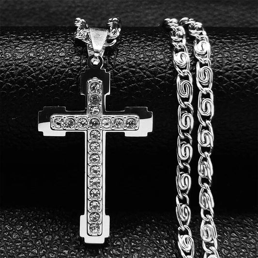 316L Stainless Steel Cross Chain Necklace Pendant For Men Zircon Jewelry Accessories Male Slver Cross