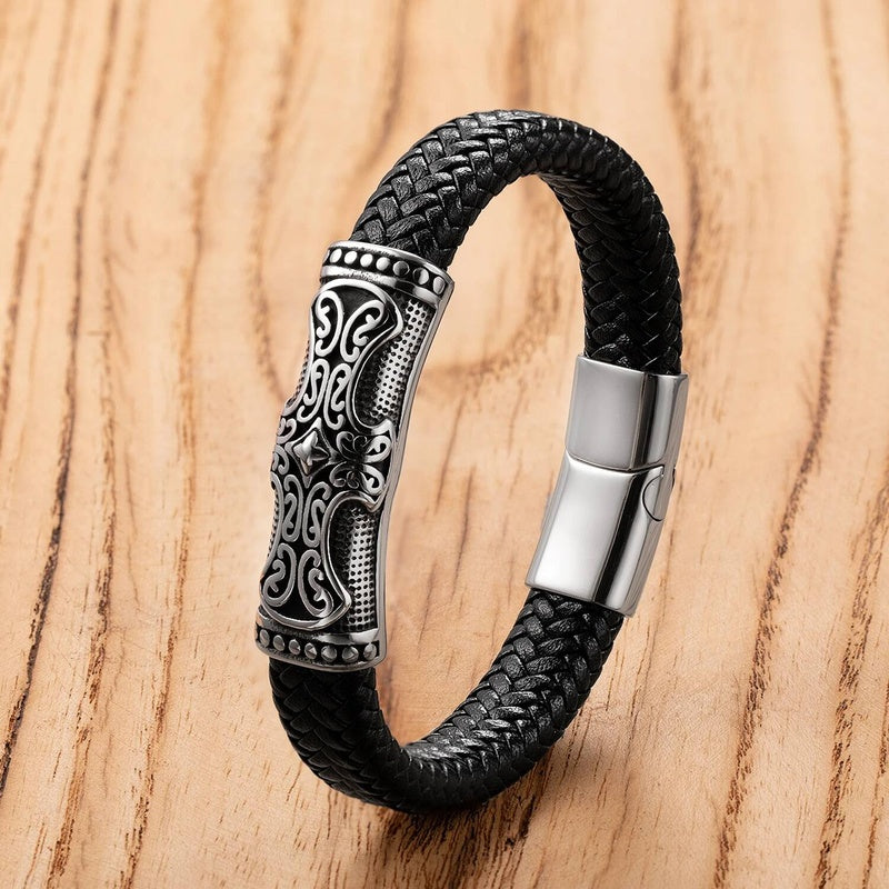 Personality Punk Black High Quality Hand Braided Leather Stainless Steel Charm Bracelet Men Bangle Couple Rock Fashion Jewelry Style-E(0fedf6)