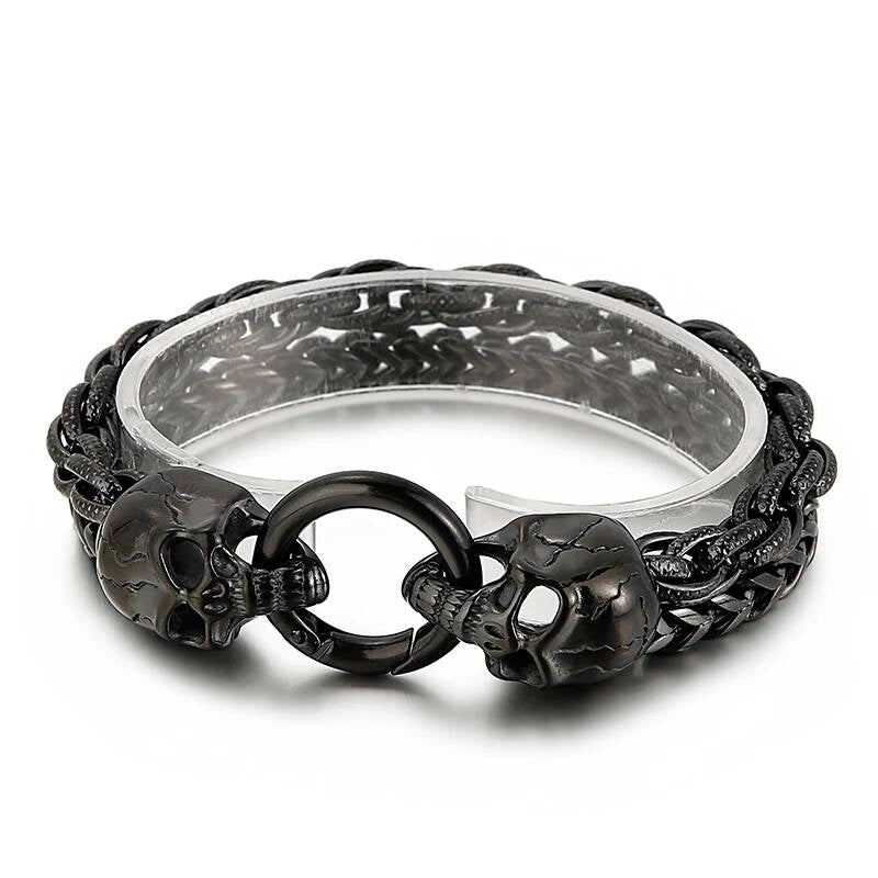 Punk Double Layer Chain Bracelet Men Stainless Steel Evil Skull Ghost Wristband Jewelry Black Color 23cm