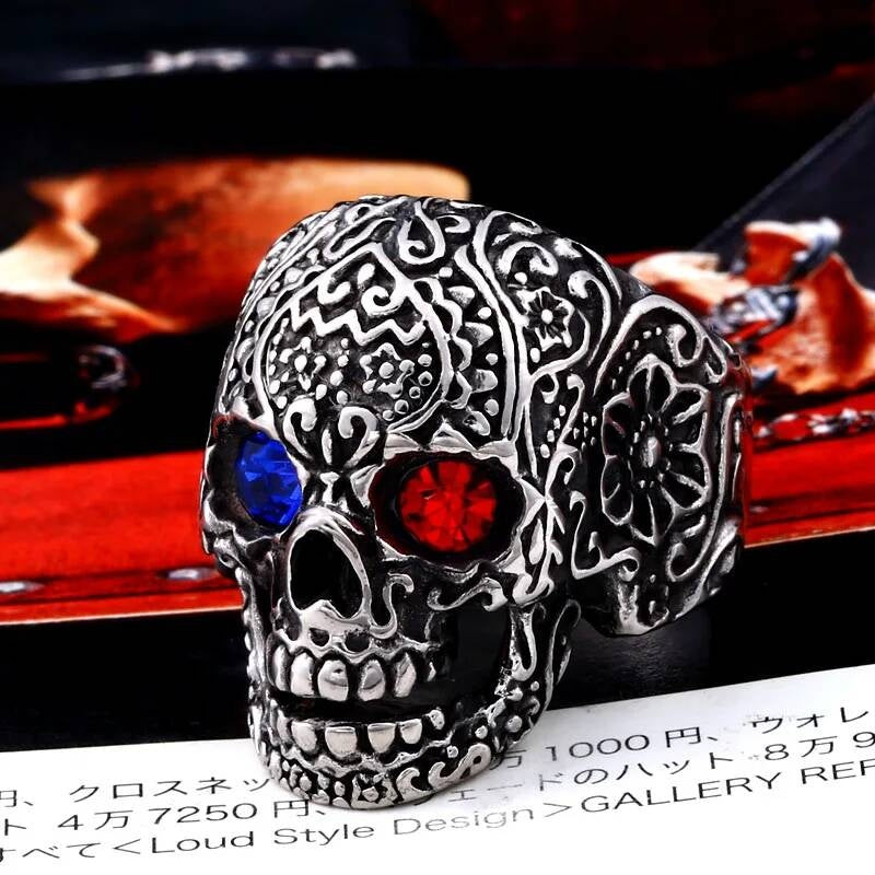 Gothic Skull Ring with Red Crystal Eyes – Stainless Steel Sugar Skull Red-Blue