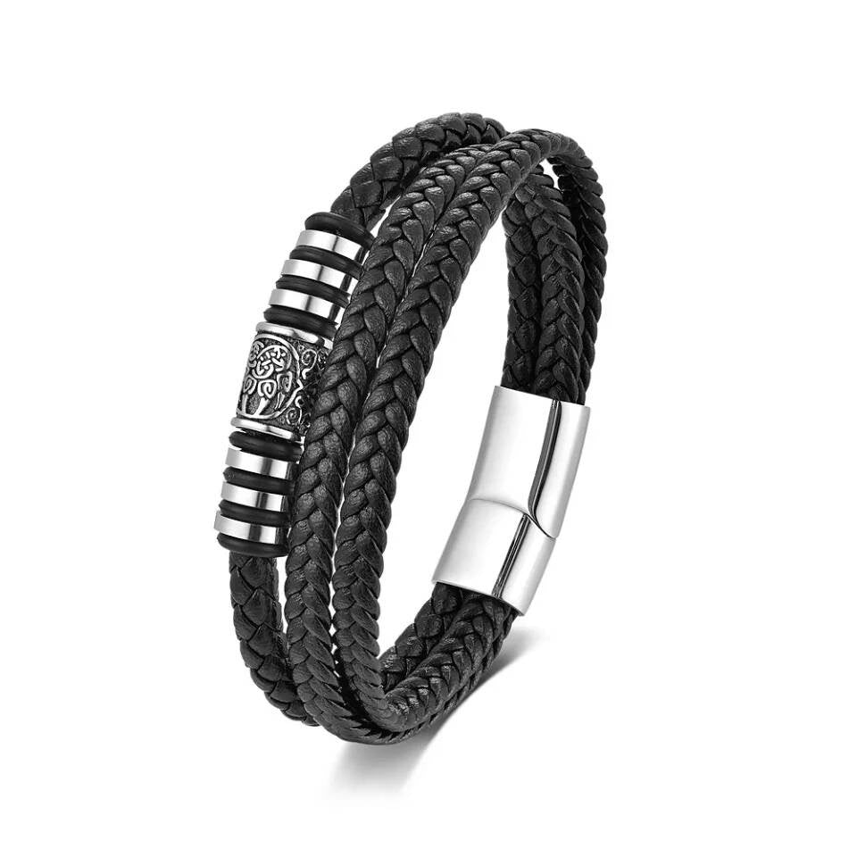 Mens Braided Leather Bracelet – Multi-Layer Stainless Steel Norse Viking Bangle