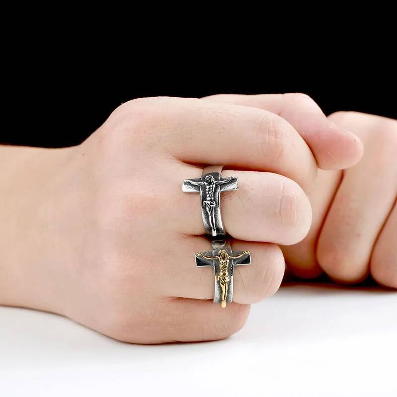 Vintage Jesus Cross Ring – 316L Stainless Steel Punk Faith Band