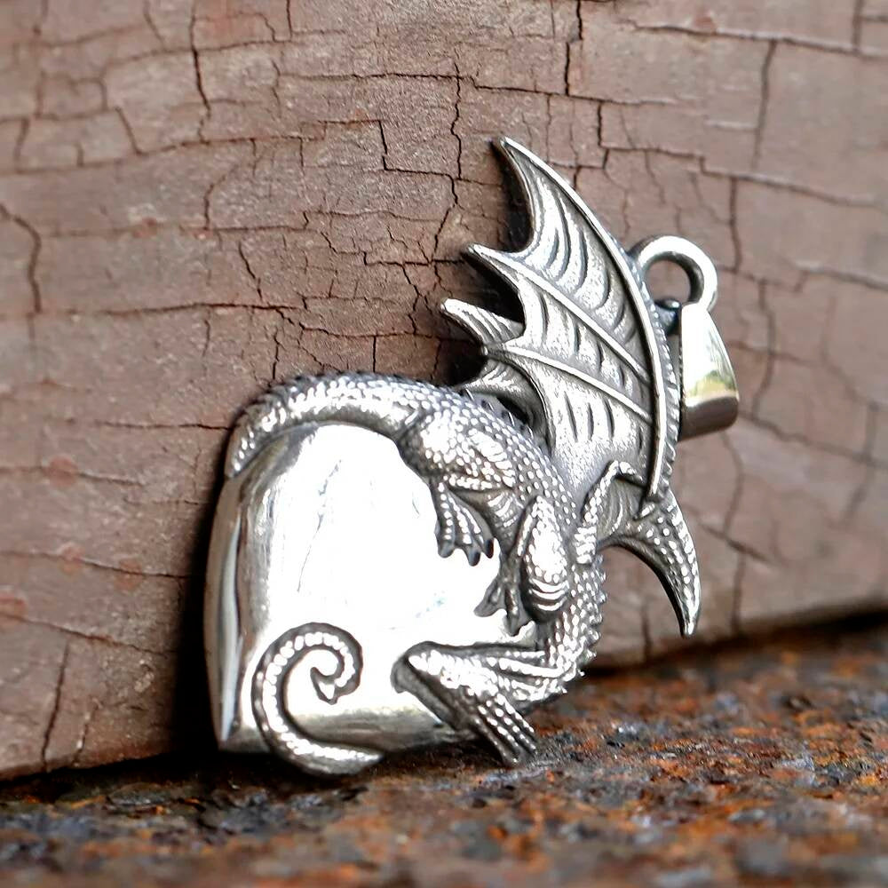 Dragon Heart Pendant Necklace – Mythical Gothic Stainless Steel Jewelry