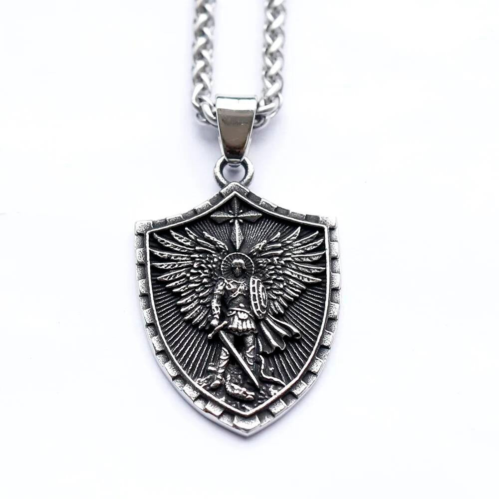 Angel Warrior Shield Pendant – 316L Stainless Steel Men’s Amulet Necklace