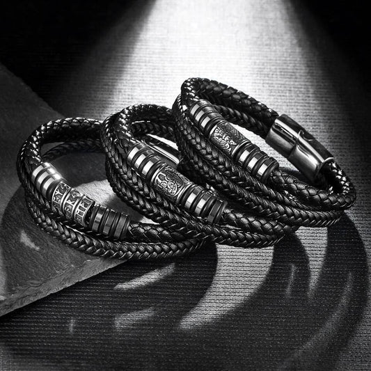 Mens Braided Leather Bracelet – Multi-Layer Stainless Steel Norse Viking Bangle
