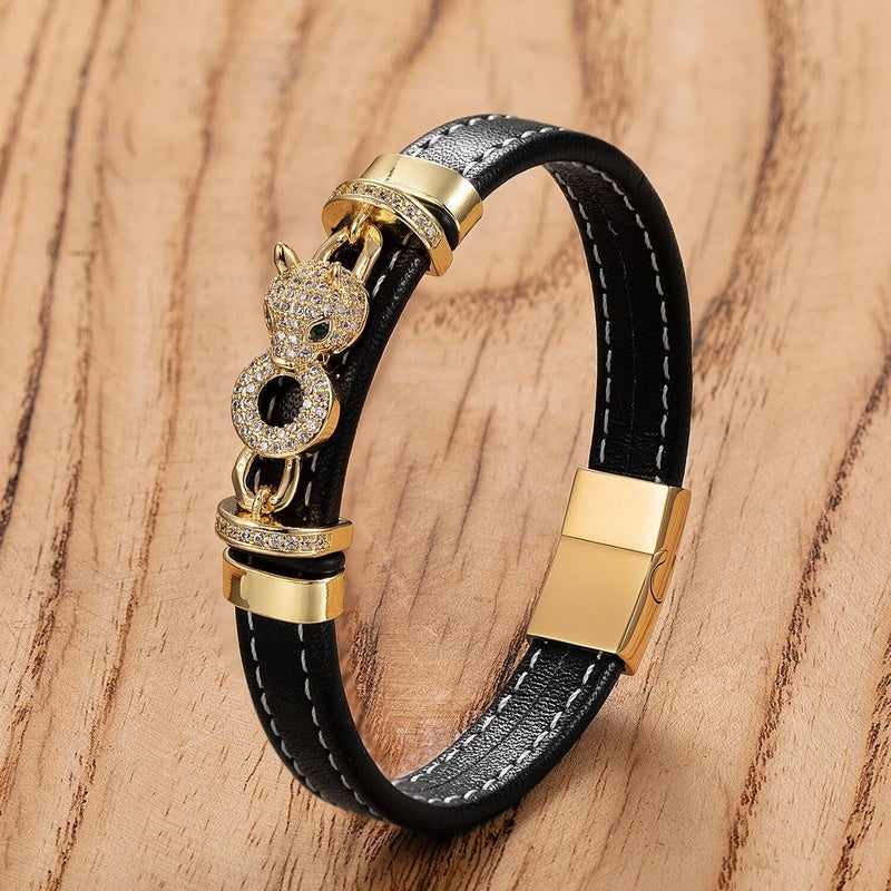 Black Braided Leather Bracelet with Green Jade Beads - Stylish Multi-Layer Magnetic Clasp Jewelry for Casual Wear and Gifts Gold-A