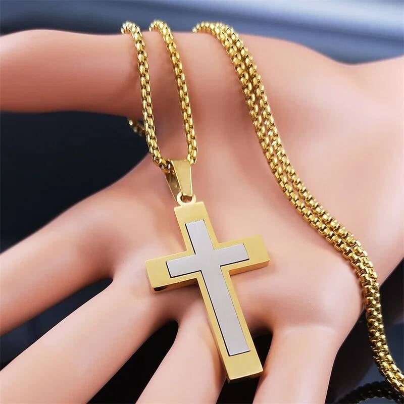 Stainless Steel Cross Pendant Chain Necklace For Men Christ Jesus Jewelry Catholic Crucifixes Rosaries Accessories