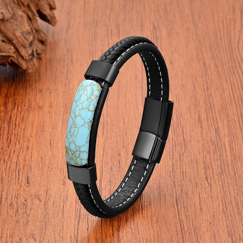 Fashion Geometric Shape Onyx Stone Bracelets Ladies Black Multilayer Leather Rope Men Bracelet Stainless Steel Jewelry Wholesale Black-A