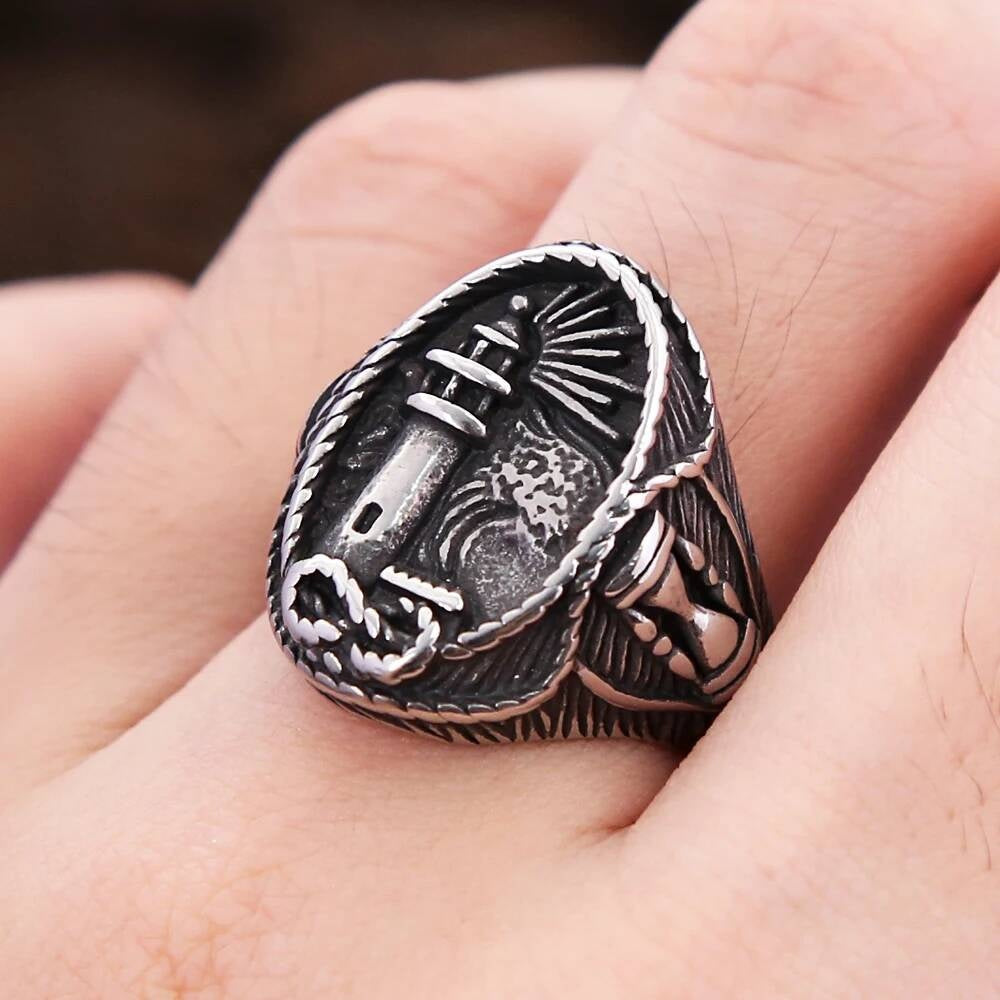 Vintage Viking Lighthouse Ring – 316L Steel Nautical Signet Band