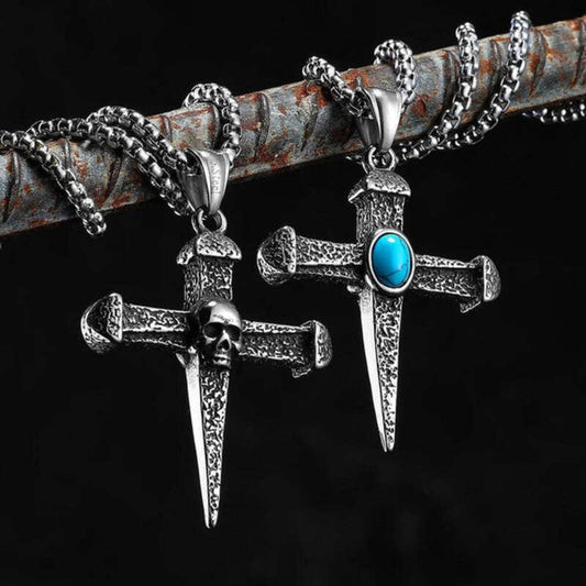 316L Stainless Steel Nail Cross Pendant Necklace – Skull & Turquoise Gothic Design