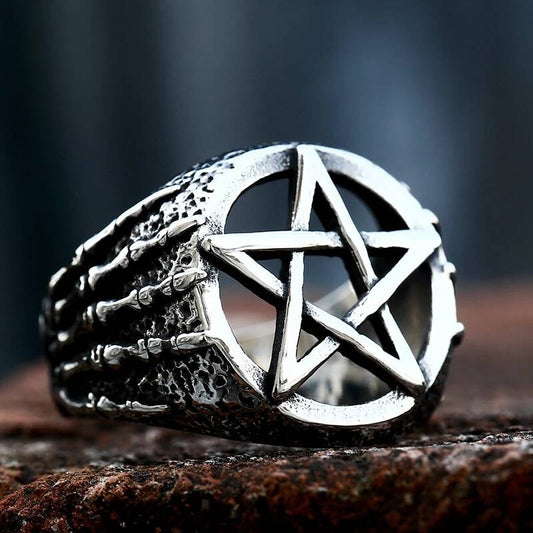 316L Stainless Steel Pentagram Ring Gothic Skull Biker Jewelry
