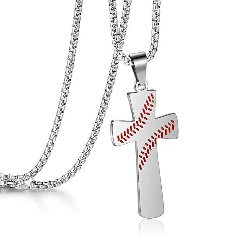Stainless Steel Baseball Cross Chain Pendant Necklace For Men Sports Leisure Medal Accessories White