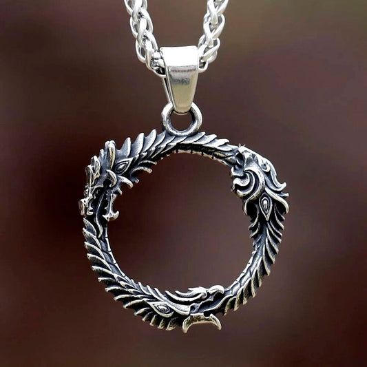 Ouroboros Pendant Necklace, Silver Mythological Jewelry with Dragon Design