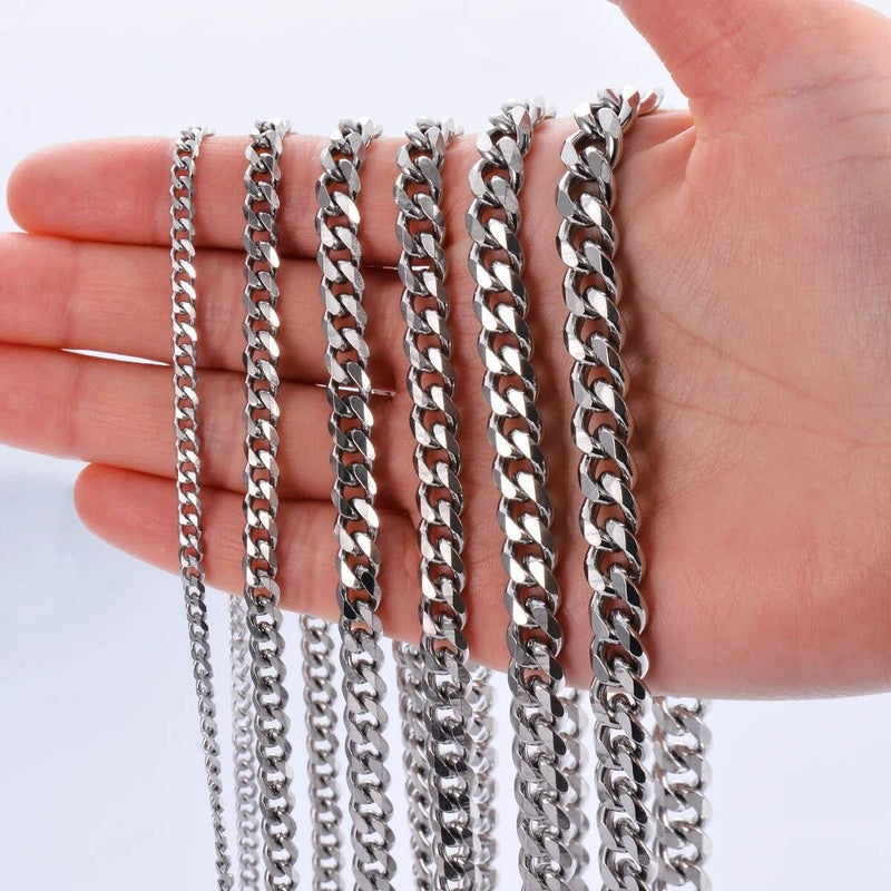 1 piece Size 3.6mm-9mm Men's Stainless Cuban Link Chain Bracelet Necklace Steel Color Male Jewelry