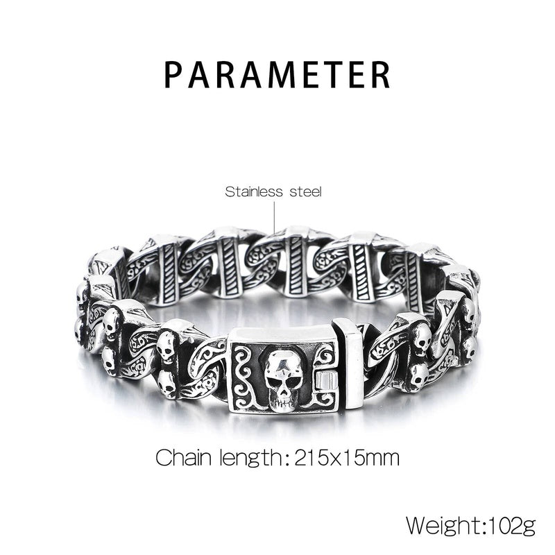 15mm Skull Bone Charm Link Chain Bracelet For Men 316L Stainless Steel Punk Jewelry Steel Color