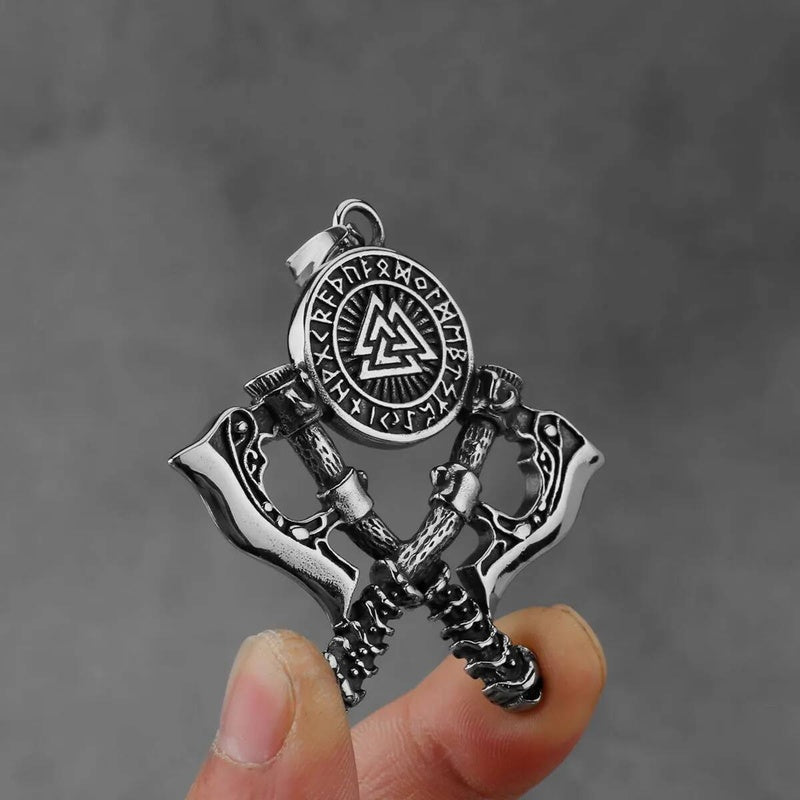 Viking Double Axe & Valknut Rune Necklace – Norse Warrior Stainless Steel Pendant