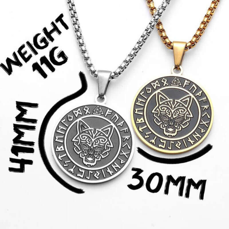 Men’s Viking Wolf Head Rune Pendant Necklace – 316L Stainless Steel Norse Amulet
