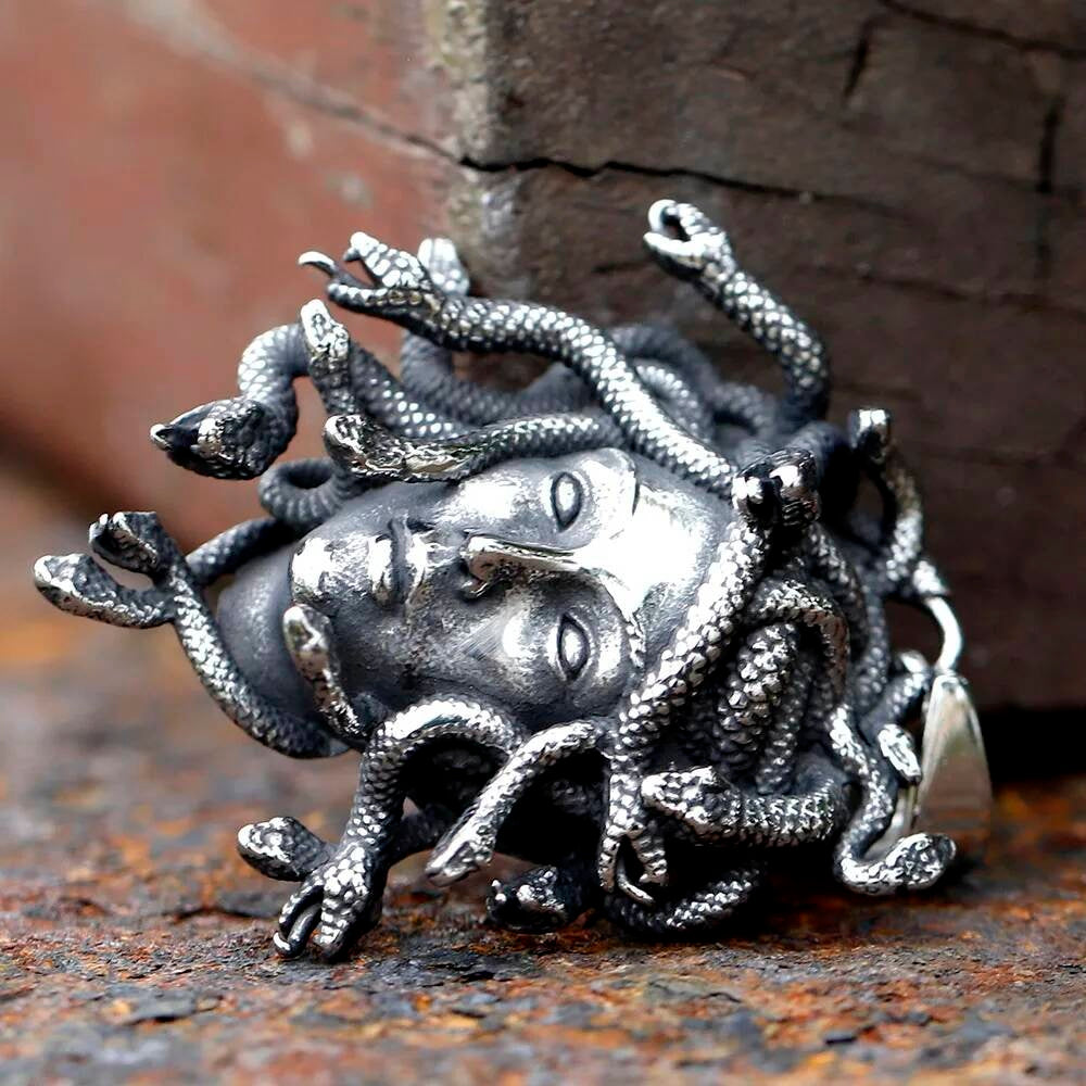 Medusa Pendant Necklace, Gothic Silver Jewelry with Snake Hair Design