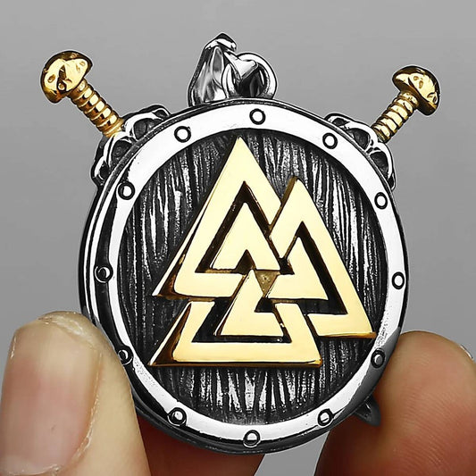 Viking Shield Pendant Necklace – Valknut, Swords, Stainless Steel Viking Jewelry 60cm chain 60cm