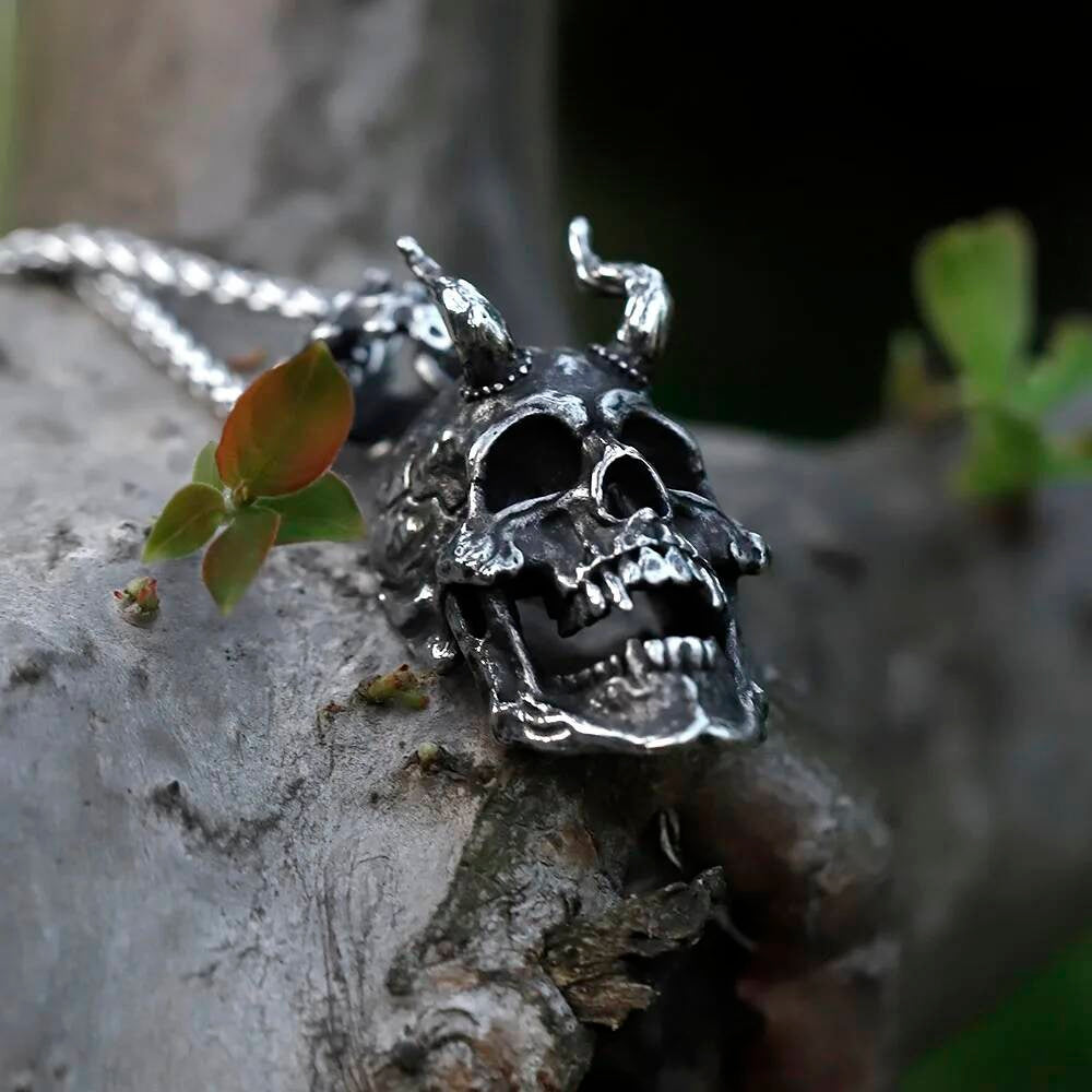 Demon Skull Pendant – Silver Gothic Skull with Horns Necklace