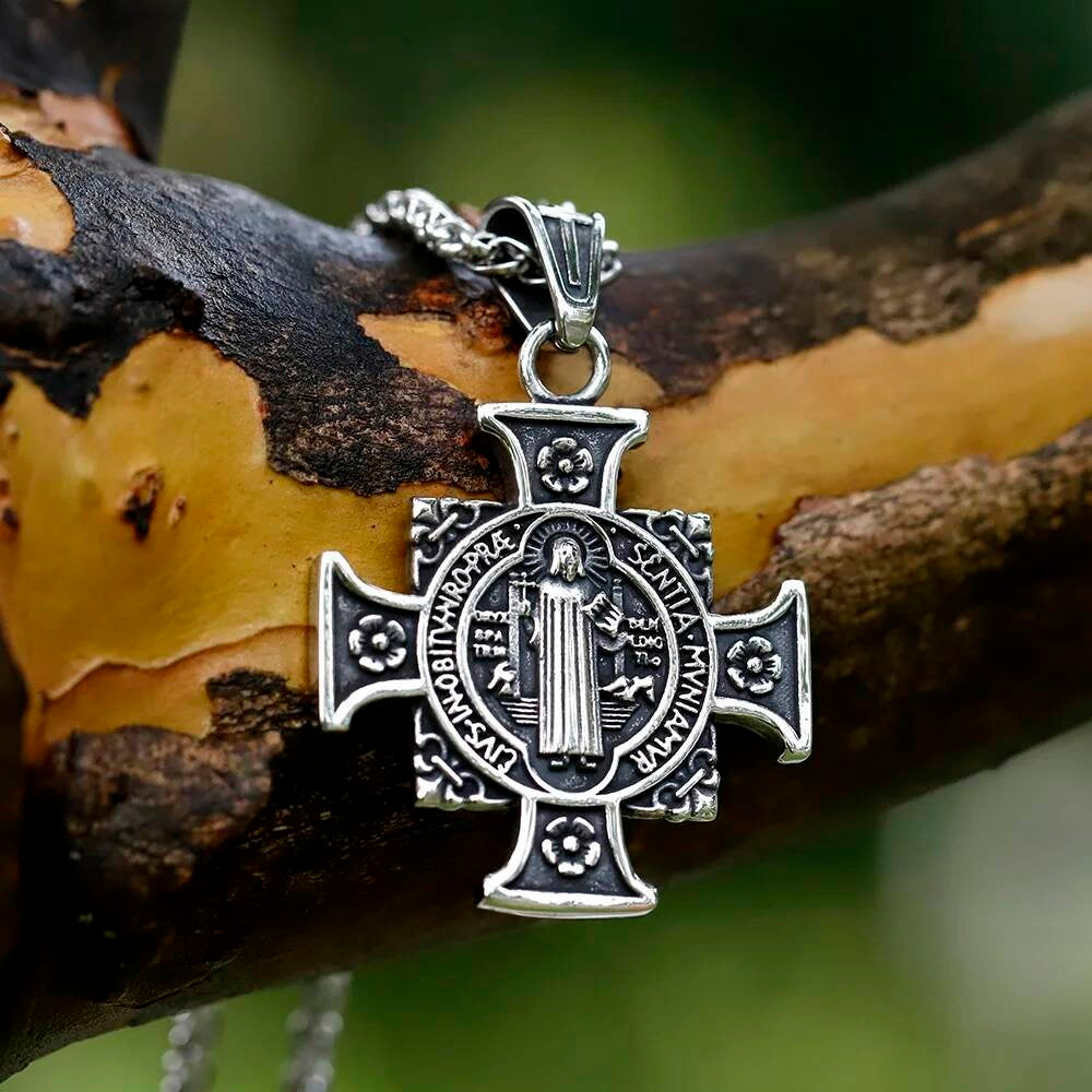Religious Cross Pendant Necklace, Silver Gothic Jewelry with Detailed Christ Image
