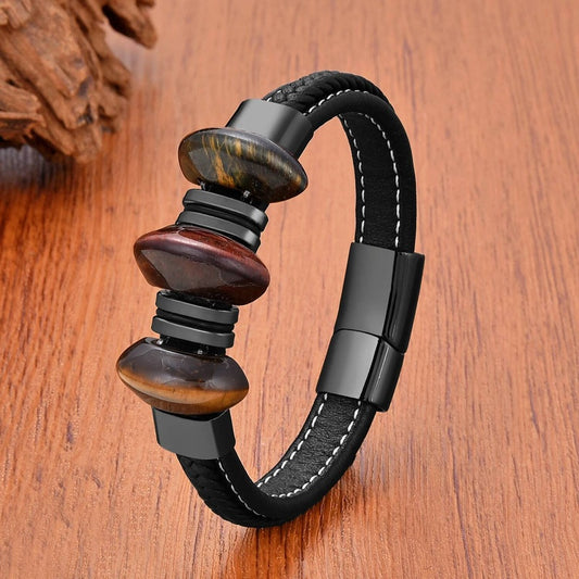 Black Braided Leather Bracelet with Green Jade Beads - Stylish Multi-Layer Magnetic Clasp Jewelry for Casual Wear and Gifts Mixed Tiger Eye