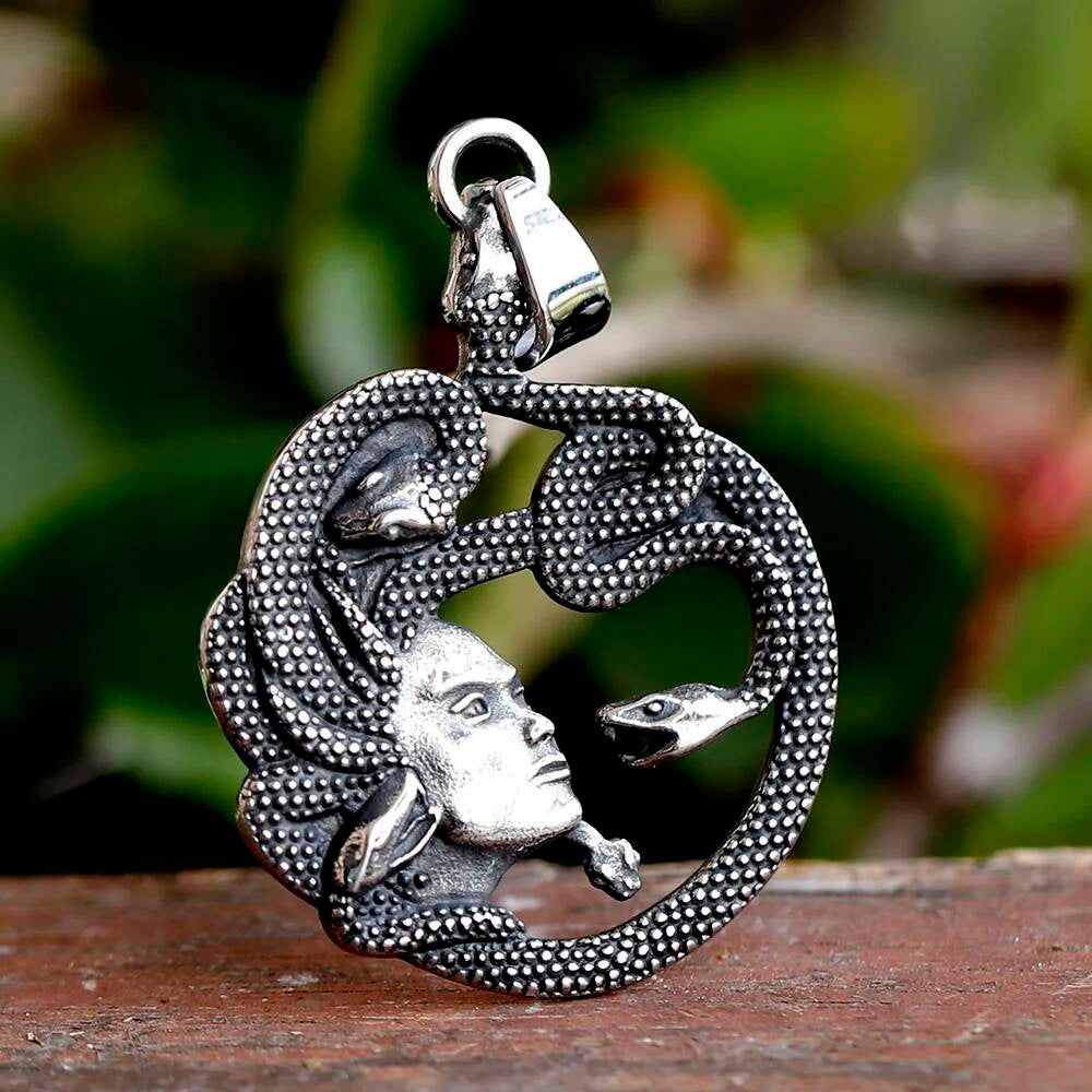 Medusa Snake Pendant Necklace, Silver Gothic Jewelry with Intricate Snake Design