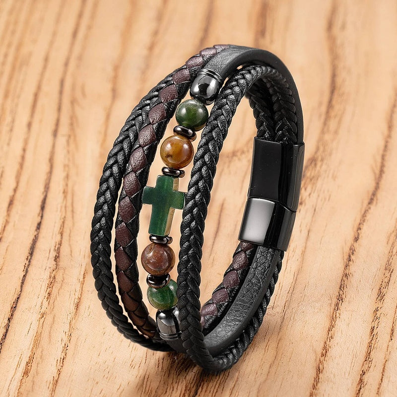 Black Braided Leather Bracelet with Green Jade Beads - Stylish Multi-Layer Magnetic Clasp Jewelry for Casual Wear and Gifts Style-E