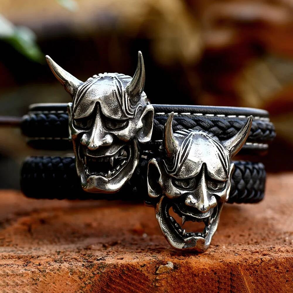 Samurai Oni Demon Bracelet for Men Gothic Punk Rock Biker Jewelry 316L Stainless Steel with Black Braided Leather