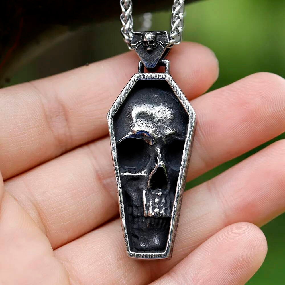 Coffin Skull Pendant Necklace, Gothic Silver Jewelry with Detailed Skull Design