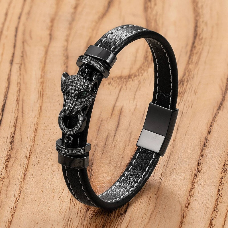 Black Braided Leather Bracelet with Green Jade Beads - Stylish Multi-Layer Magnetic Clasp Jewelry for Casual Wear and Gifts Black