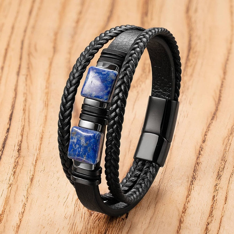 Geometric Stone Bangle Stainless Steel Multilayer Hand Woven Genuine Leather Bracelet For Men Jewelry Gift Style-B