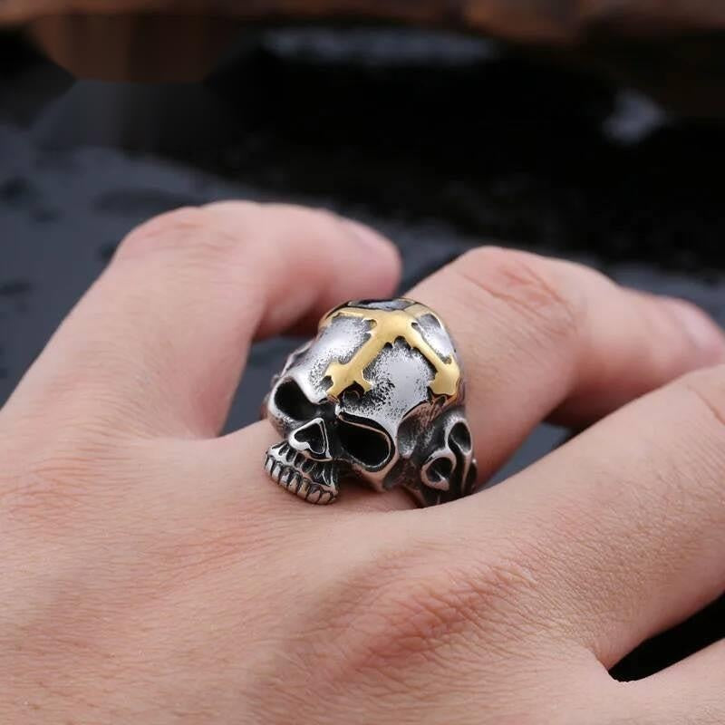 Cross & Skull Skeleton Ring – 316L Stainless Steel Gothic Biker Statement Band Gold