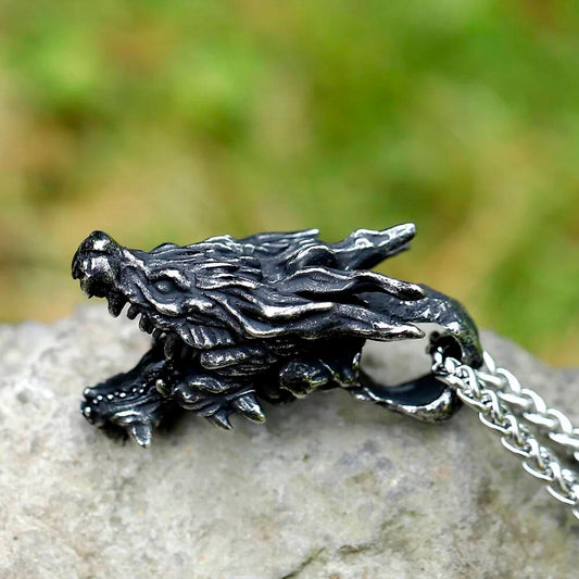 Wolf Pendant Necklace, Silver Tribal Jewelry with Fierce Animal Design