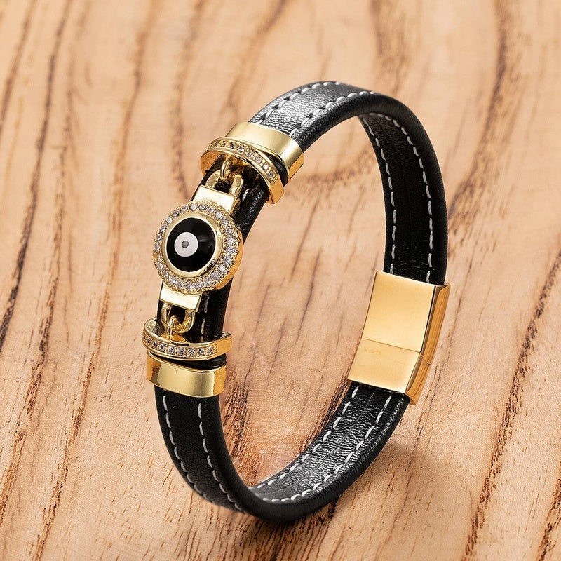 Woven Leather Turkish Blue Evil Eye Zircon Bracelet Punk Stainless Steel Jewelry Fashion Charm Valentines Day Gift Gold-B