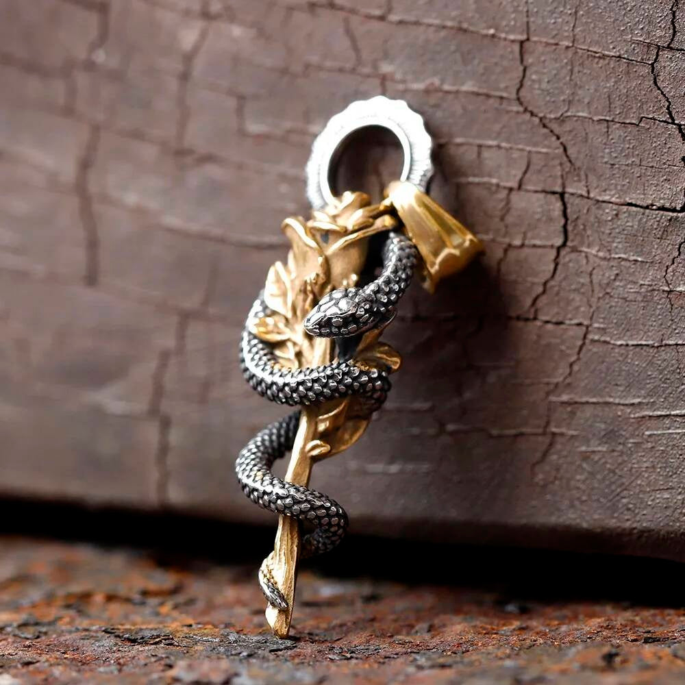 Rose and Serpent Pendant – Gothic Snake Wrapped Flower Necklace in Stainless Steel