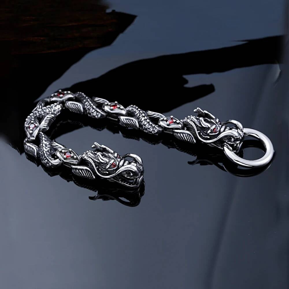 Viking Dragon Head Chain Bracelet with Red Gem Eyes – Stainless Steel