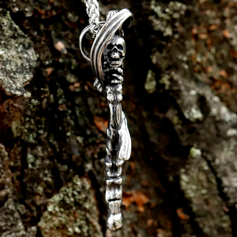 Scythe Pendant Necklace, Gothic Silver Jewelry with Grim Reaper Symbolism