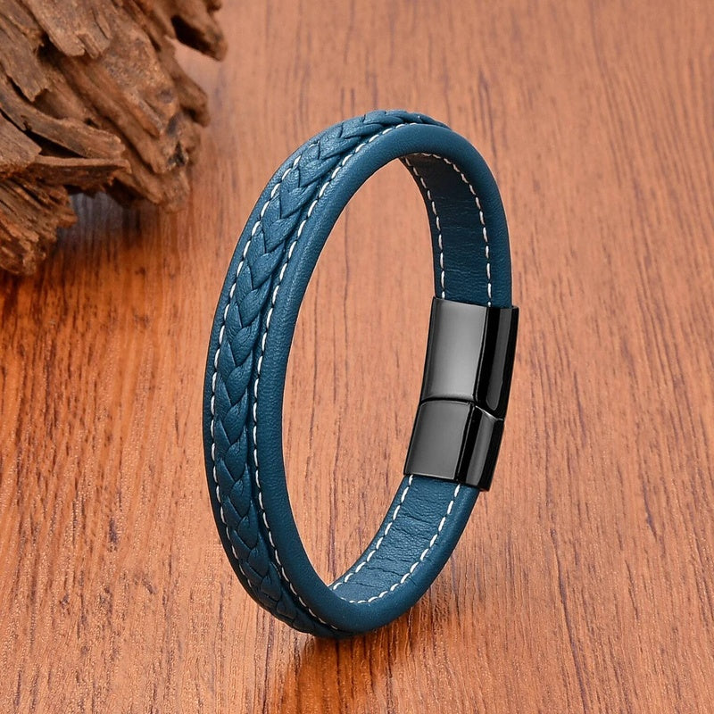 Vintage Men Europe and America Stainless Steel Magnet Open Bangle Multi-Size Woven Leather Hand Rope Classic Party Gift Present Style F-Black