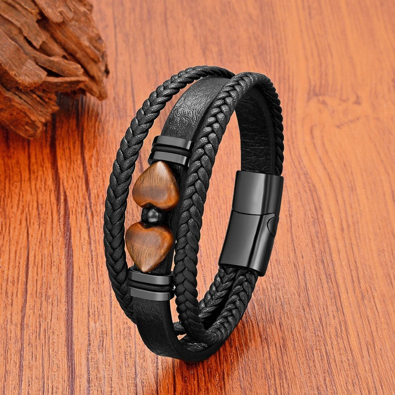 Black Braided Leather Bracelet with Green Jade Beads - Stylish Multi-Layer Magnetic Clasp Jewelry for Casual Wear and Gifts Tiger Eyes Stone