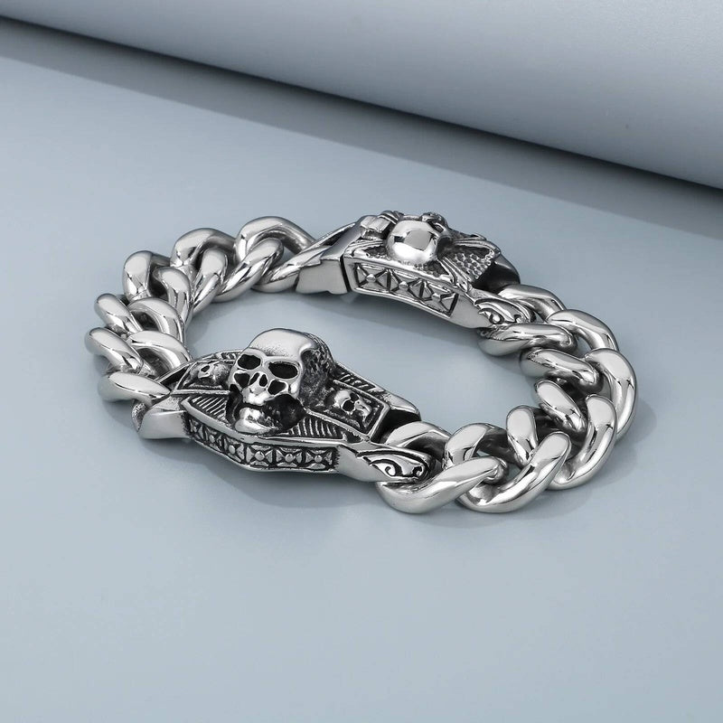 16mm Cuban Chain With Skull Charm Bracelet For Men 316L Stainless Steel Punk Jewelry