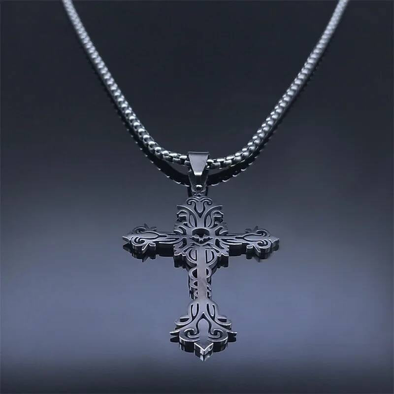 Goth Black Cross 316L Stainless Steel Pendant Chain Necklace For Men Women Jewelry Accessories